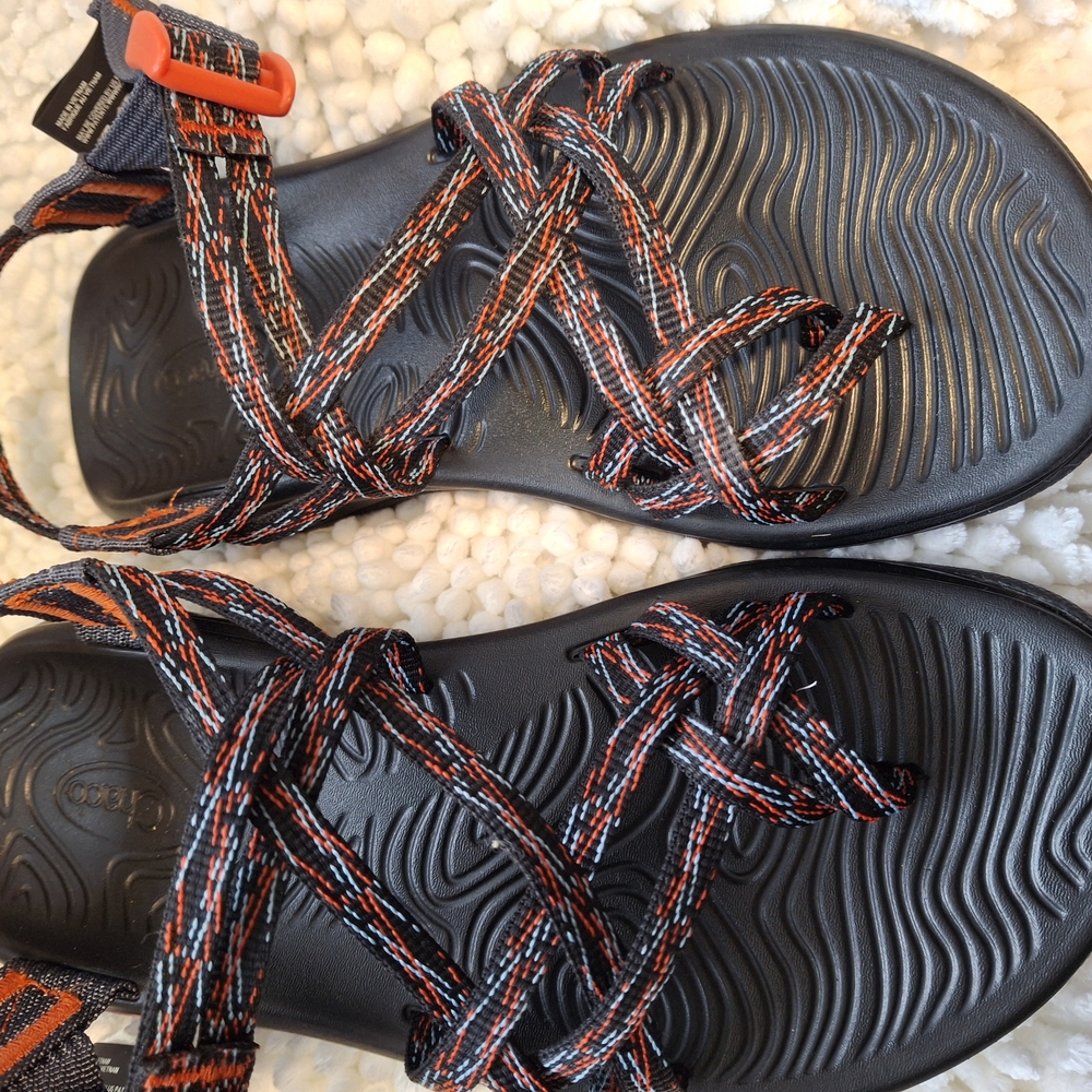 Black and Orange Strappy Chaco Sandals Size 7.